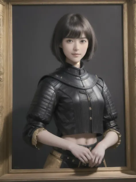 223 Short Hair, 20-year-old woman, A kind smile, (Luxurious stables), (Rembrandt-style painting), ((machinery suit,Clothes with short sleeves)),I can see your abs