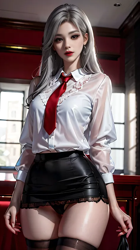 Girl portrait photography, Realistic, High resolution, 1 female, alone, Upper Body, Beautiful Eyes, Close your lips, Detailed face, Gray Hair, Long Hair, Collared shirt, Red tie,Black Skirt, Pencil Skirt,, stockings,(Black lace panties are visible)