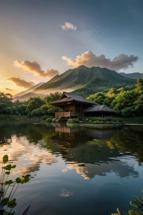 a luxury concept modern wooden building stone base , pond , mountain in back in Indonesia surrounded by lush greenery under a cloud with sunset near dark, fancy sky and harmony with nature ,and landscaping around the lake, in ultra HD resolution ( model Ve...