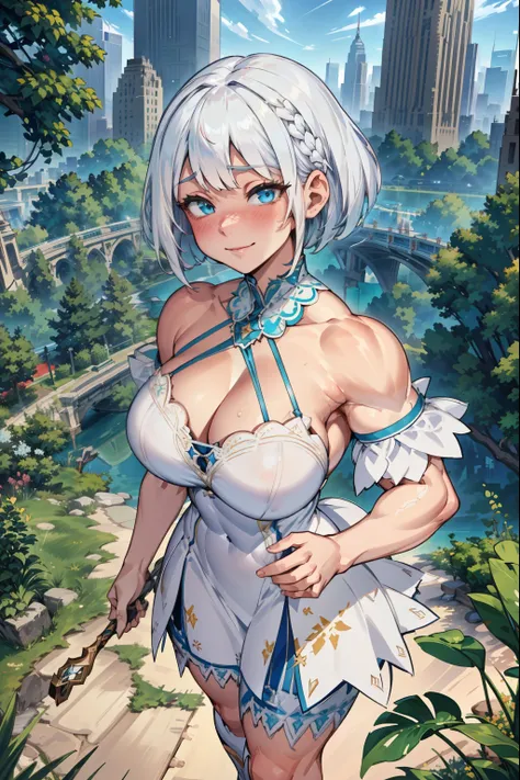 hyper muscles, (extremely detailed CG unity 4k wallpaper),(masterpiece),(best quality),(ultra-detailed),(best illustration),(best shadow),(absurdres),(Detailed background), White hair (Bobcut), Tall, pale skin, Blue eyes, White Sundress, contemporary aesth...