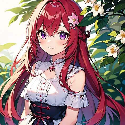 1 girl,Red hair,27-years old,Glowing purple eyed,Ultra detailed eyes,Casual outfits,melody clips,magnolia flower on hairs,long hair,smile warmly(((8k)))