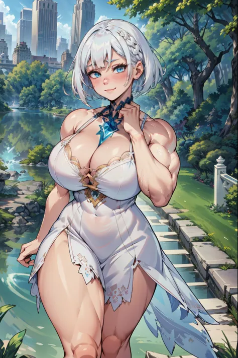 hyper muscles, (extremely detailed CG unity 4k wallpaper),(masterpiece),(best quality),(ultra-detailed),(best illustration),(best shadow),(absurdres),(Detailed background), White hair (Bobcut), Tall, pale skin, Blue eyes, White Sundress, contemporary aesth...