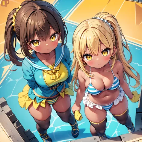 (8K、Best image quality、highest quality、masterpiece)、Detailed face、(2 girls)、Improve、((Brown Skin:1.3))、blonde、Low Ponytail、Scrunchie、Yellow Eyes、Earrings, (glamorous:1.1), (huge breasts:), (Light blue striped micro bikini:1.2), Classroom Background, (black...