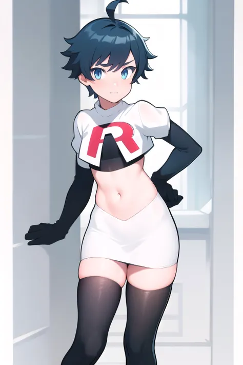 masterpiece, absurdres, male focus, trap, crossdressing,1boy, chongyun,blue hair, ahoge,blue eyes, team rocket,team rocket uniform,white skirt,red letter R,crop top,black thigh-highs,black elbow gloves