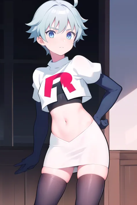 masterpiece, absurdres, male focus, trap, crossdressing,1boy, chongyun,light blue hair, ahoge,blue eyes, team rocket,team rocket uniform,white skirt,red letter R,crop top,black thigh-highs,black elbow gloves