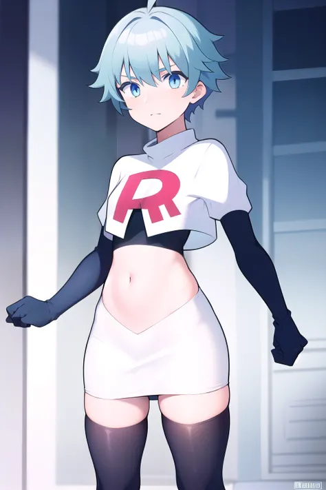 masterpiece, absurdres, male focus, trap, crossdressing,1boy, chongyun,light blue hair, ahoge,blue eyes, team rocket,team rocket uniform,white skirt,red letter R,crop top,black thigh-highs,black elbow gloves