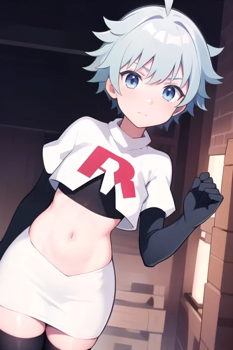 masterpiece, absurdres, male focus, trap, crossdressing,1boy, chongyun,light blue hair, ahoge,blue eyes, team rocket,team rocket uniform,white skirt,red letter R,crop top,black thigh-highs,black elbow gloves