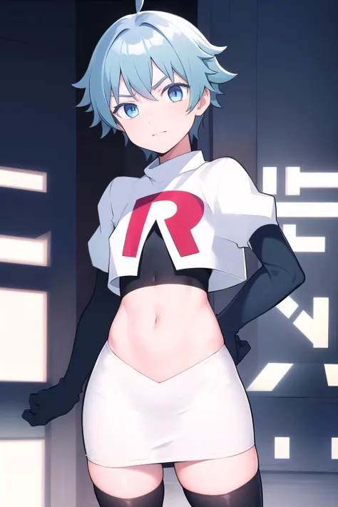 masterpiece, absurdres, male focus, trap, crossdressing,1boy, chongyun,light blue hair, ahoge,blue eyes, team rocket,team rocket uniform,white skirt,red letter R,crop top,black thigh-highs,black elbow gloves