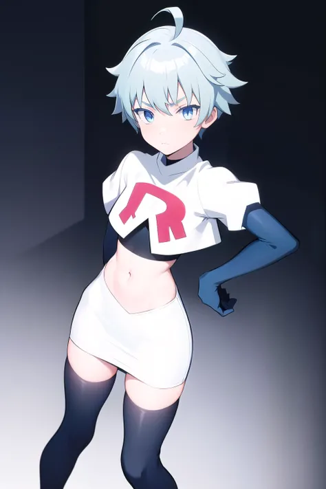 masterpiece, absurdres, male focus, trap, crossdressing,1boy, chongyun,light blue hair, ahoge,blue eyes, team rocket,team rocket uniform,white skirt,red letter R,crop top,black thigh-highs,black elbow gloves