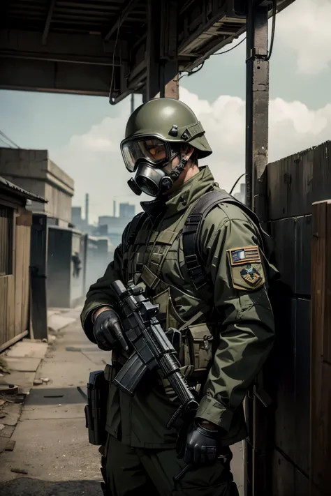 Uniformed Soldier with Gas Mask (s2) - In the grimy urban landscape, a soldier dons a dark green uniform, equipped with a gas mask. His uniform, adorned with intricate insignias and badges, blends seamlessly with the verdant foliage of the citys rooftops. ...