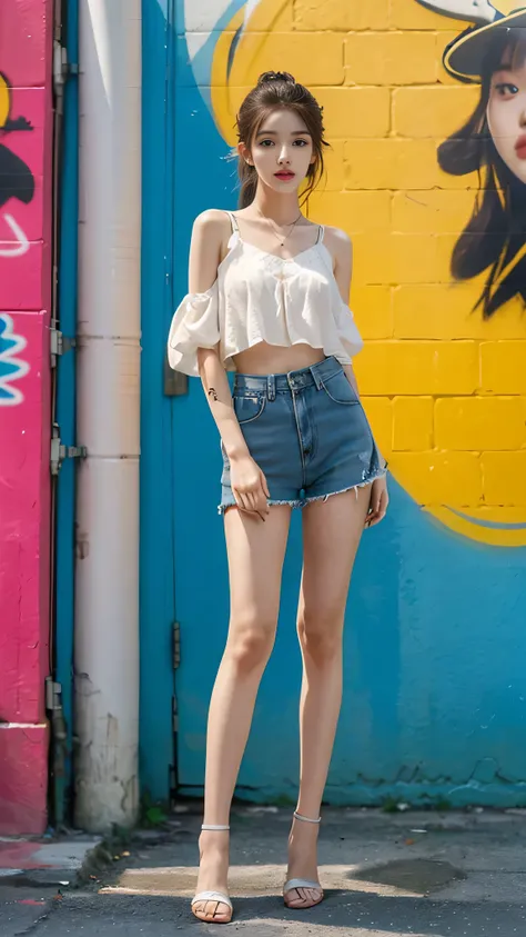 ((best quality)), ((masterpiece)), (detailed), (delicate face), perfect face, One Korean beauty in a back alley、(super detail)、(8 thousand)、((Hip Hop Fashion))、(graffiti wall)、(Full Body Sbian)、(detailed feet)、(detailed hand)、(nice face)、(standing)