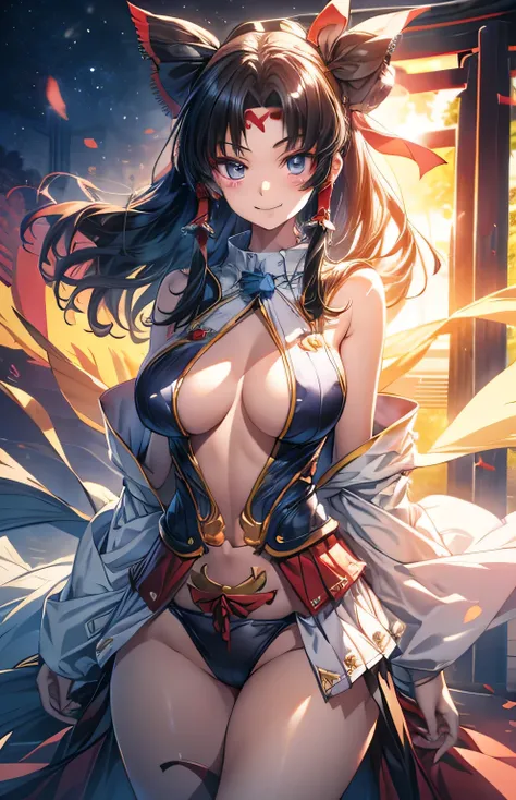 Anime illustration、highest quality、Reimu Hakurei、Karasutengu、Perfect proportions、Large-scale shrine、Large Torii Gate、overwhelmingly big breasts、very thick thighs、Beautiful, shining eyes、Cowboy Shot、smile、Noise Reduction