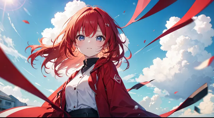 Red-haired girl floating in the sky