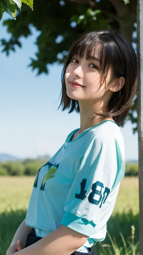 (highest quality,masterpiece:1.3,Ultra-high resolution),(Very detailed,Caustics,8k),(Realistic:1.4,RAW shooting),18-year-old,cute,Japanese,Medium black hair,(White T-shirt),(smile),Looking at the camera,blue sky,sun,Backlight,(Top of the Hill),(Tall green ...