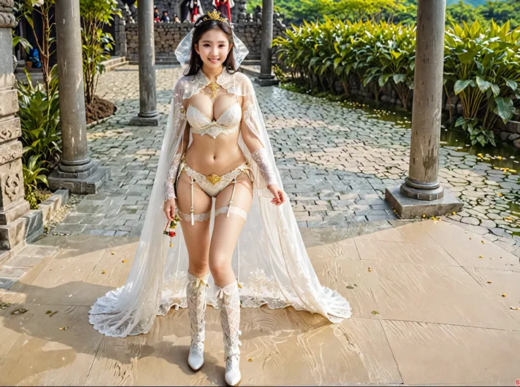 Lustful eyes, Smile, Sexy golden white bikini underwear armor，Lace lingerie, Lace panties, long legged girl, Put on white boots, ,full body xianxia, Huge breasts，Wearing a crown，Lustful princess knight, fantasy服装, Put on a cape, Lace cape，穿着fantasy服装, Real...