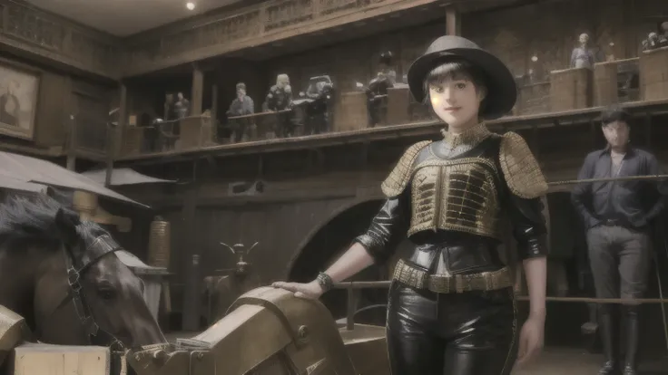 223 Short Hair, 20-year-old woman, A kind smile, (Luxurious stables), (Rembrandt-style painting), ((machinery suit,Clothes with short sleeves)),I can see your abs