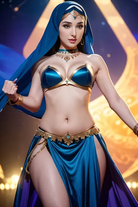 (best quality,ultra-detailed,realistic:1.37), beauty Gal gadot with hijab on the stage, belly dancer exotic dancing costume, big breast, chubby, big ass, graceful movements, vibrant colors, seductive gaze, ethereal atmosphere, intricate jewelry, flowing ve...