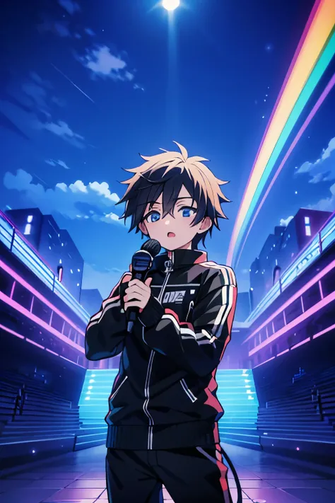 spectrum music scenery cloud and abstract texture, anime biker, a biker man anime , screamo, holding stand mic