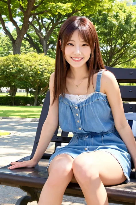 Minami Hamabe,(highest quality,16k,High resolution:1.2),Dark brown medium hair,Girls in their 20s,Very detailed,One Girl,A beautiful 26 year old woman,(Minami Hamabe:1.3),(smile),sitting on a park bench
