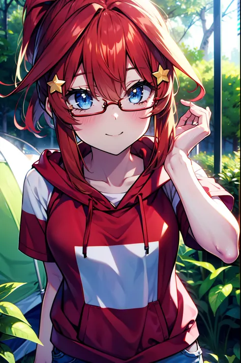 itsukinakano, Itsuki Nakano, bangs, blue eyes, Hair between the eyes, Ahoge, Redhead, star (symbol), hair ornaments, star hair ornaments,Akagi glasses, tooth, smile, Open your mouth,ponytail,Red hoodie,Short sleeve,Baseball cap,Food Up,Red Tank Top Shirt,S...