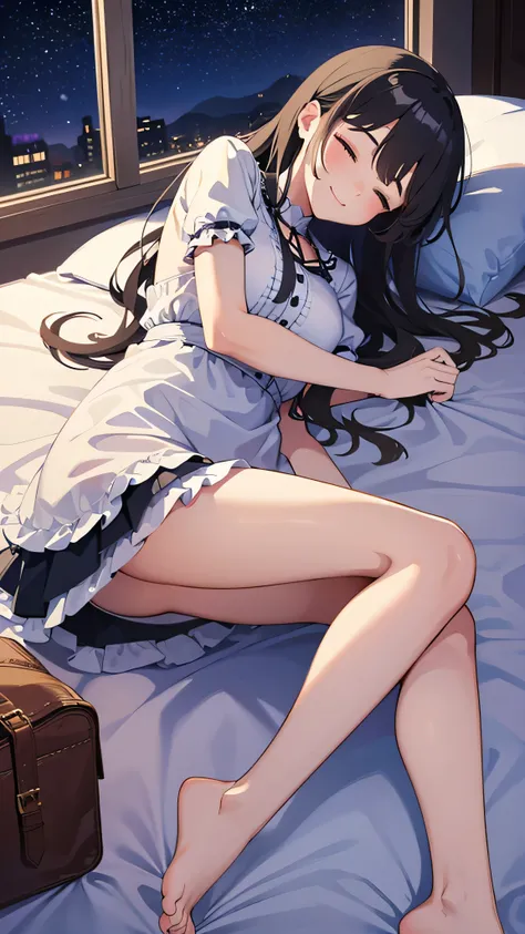 Beautiful girl sleeping in bed　The starry sky outside the room is beautiful.　smile