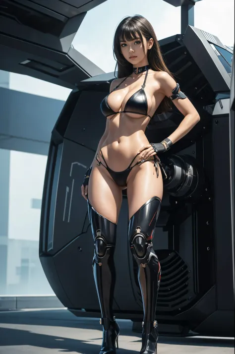 young woman type cyborg, ((full body)), ((ultra micro bikini)), beautiful chest, standing among big machines with her legs spread apart