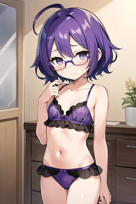 (Purple hair:1.4), gray eyes, 11 years old, short, short long hair, kind expression, shy, almost no breasts, slightly exposed. hair,(flipped hair ), flipped hair, ahoge, girl alone, flipped hair, flipped hair, flipped hair, flipped hair, glasses with no ed...