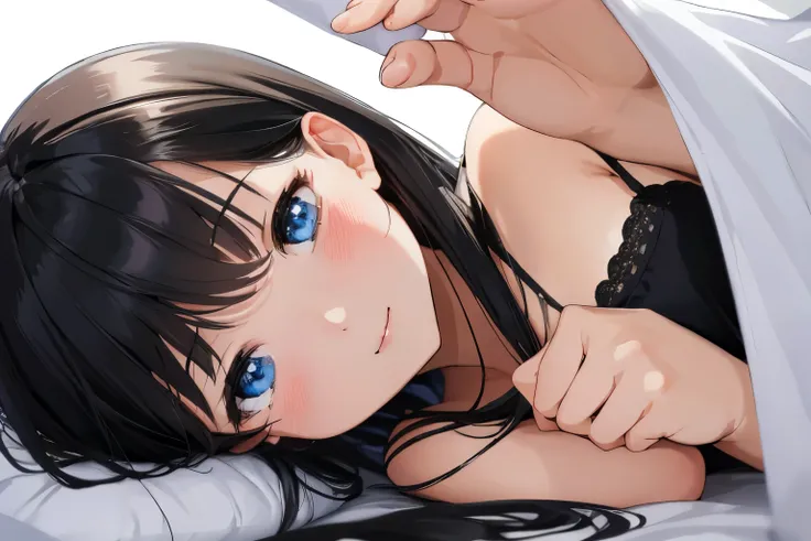 Masterpiece、highest quality、1 female、Super detailed　Black Hair、bangs　Blue Eyes、Detailed depiction of the eyes　Smiling、blush　camisole　Face is close、Facial Close-up、Bring your face closer　Sheetsに横になる、Spread your shoulders、Put your hand here、Asking for a hug　...