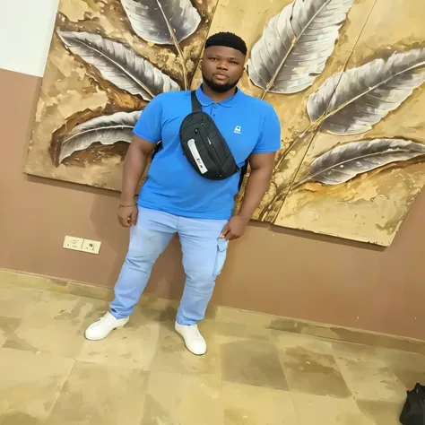 there is a man standing in front of a painting with a fanny bag, full body picture, taken in the early 2020s, photo taken in 2 0 2 0, high quality picture, album photo, professional picture, godwin akpan, david uzochukwu, very very low quality picture, dis...