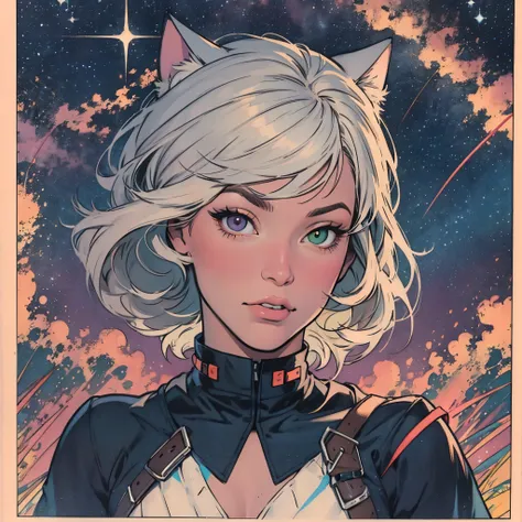 ultimate best quality,beautiful woman,speech bubble,big brest,60s,70s,80s,colorful,((Heterochromia)),various angle,beautiful starry sky,CAT