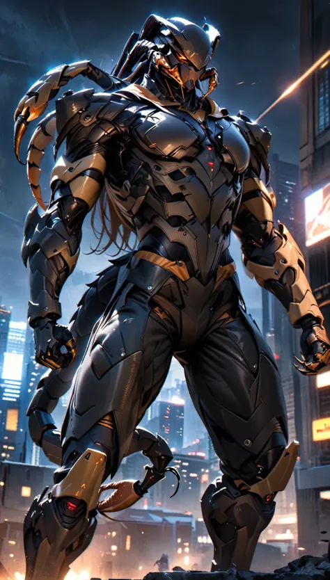 Masterpiece, highest quality, ultra detailed, realistic, masculine frame, scorpion inspired, body armor, exosuit, clawed gauntlets, tail with stinger, modern design, superhero suit, cinematic lighting, city background