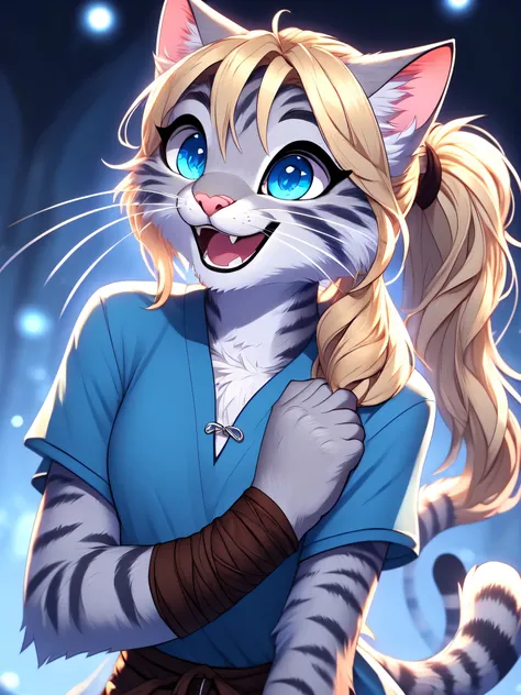 kat, anthro furry feline, blue eyes, silver fur, striped fur, :3, pink nose, white whiskers, cat tail, blonde hair, side locks, ...