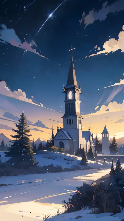 anime landscape with a small church, church has top of the cross symbol and a tree in the middle, anime countryside landscape, a...