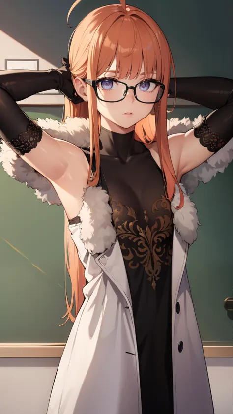 futabasakura, futaba sakura, orange hair, glasses, long hair, (purple eyes:1.1), ahoge,
break (black gloves, elbow gloves, fur t...