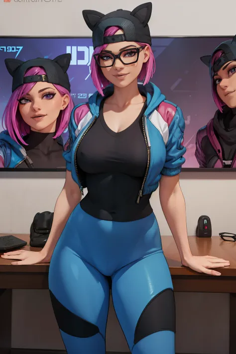 (masterpiece), (best quality), standing, (alone), looking at viewer, highly detailed, extremely detailed, gaming room , thin eyes, smile, dynamic pose, short pink hair, cap, loose black v-neck t-shirt V, jacket, fingerless glove, curves, glasses,(gray legg...