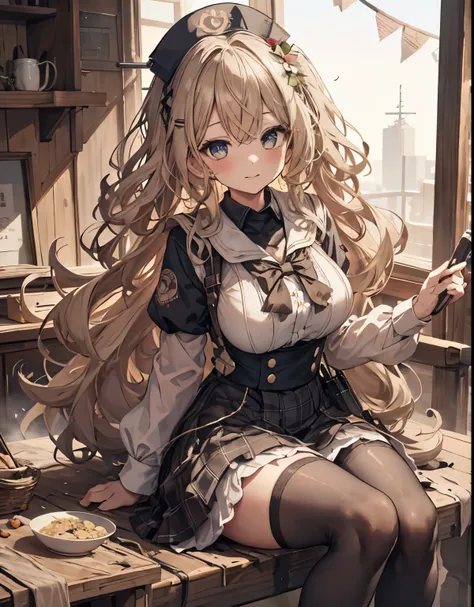 masterpiece, 1girl, sparrow, a blonde haired girl, wearing a sailor clothes, curly long hair, messy hair, slim body, he close her left eye, shirt ornament, ruby eyes, ahoge, baby face, bige breast, beautiful breasts, rounded breasts, long sleeves, beautifu...