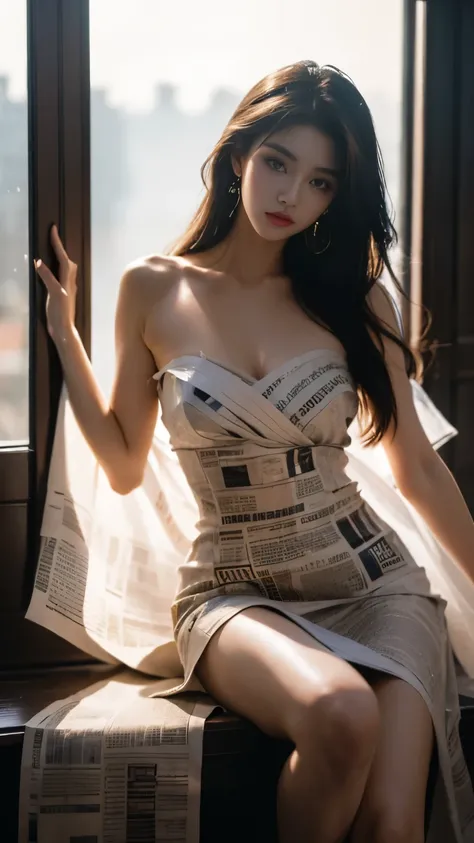 Newspaper dress, (masterpiece, best quality:1.2), 1 Girl, Solitary, ((Bare shoulders)), Deep in Wonderland，Moonlight，foggy room，The heroine&#39;s figure，Fairy in the painting，Slender sexy legs，Very beautiful legs，Show sexy legs，Large Breasts，beauty, myster...