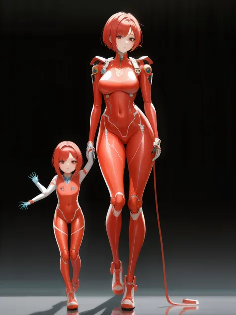 A mother with a mechanical body and a daughter born with a mechanical body,
 Masterpiece,
 Full Body Shot,
 The internal skeleton is clearly visible from the joints.,
 Mother opens top hatch to show daughter internal skeleton,
 The mother is wearing a tran...
