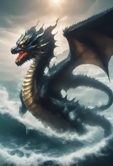 A gold dragon appeared from the sea.