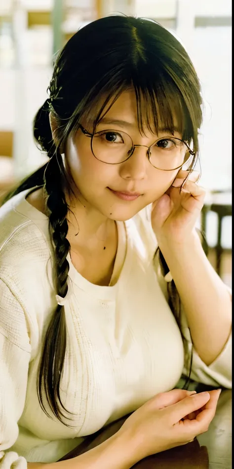 best image quality、136), (busty:1.46), (l boobs ipst boobs ,round glasses、braided pigtails、funny woman with pigtails in round gl...