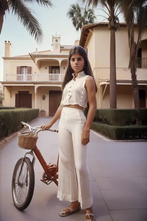 Tharsis, Spain, 1979. A young ((((17-year-old)) Carmela Estévez)), with a bike, in front of a ((victorian english house)), iron fence, palm trees, ((((clothings from the 1970s, sleeveless linen)))), ((hairstyle of the 1970s)), colorful