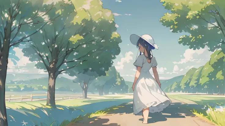 Back view of a beautiful adult woman、Ultra HD、clear、White dress、Big brimmed cap、Landscape with a rural road、Summer blue sky、White cloud、Green tree々、Relaxed atmosphere、Cozy atmosphere、smile、Warm Light、Looking away、