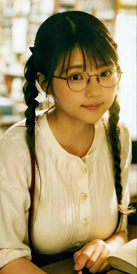 best image quality、136), (busty:1.46), (l boobs ipst boobs ,round glasses、braided pigtails、funny woman with pigtails in round gl...