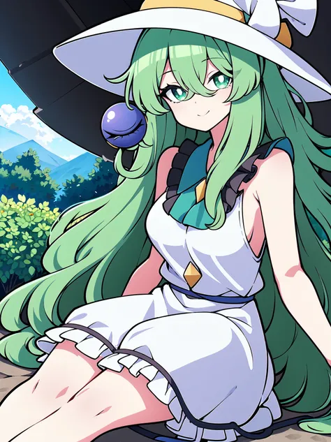 (colorful:1.1), (ultra-high resolution, depth of field:1.2), Touhou project, (komeiji koishi), (1woman), adult, medium breasts, (dark green eyes), white pupils, glowing eyes, green hair, wavy hair, (long hair), ponytail, (wearing a white summer dress:1.2),...