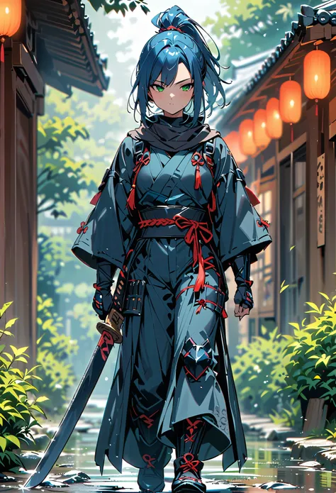 best quality, masterpiece, highres, 1girl, female ninja, blue hair, medium hair, ponytail, green eyes, tight black bodysuit, armored, holding katana, full body shot, solo