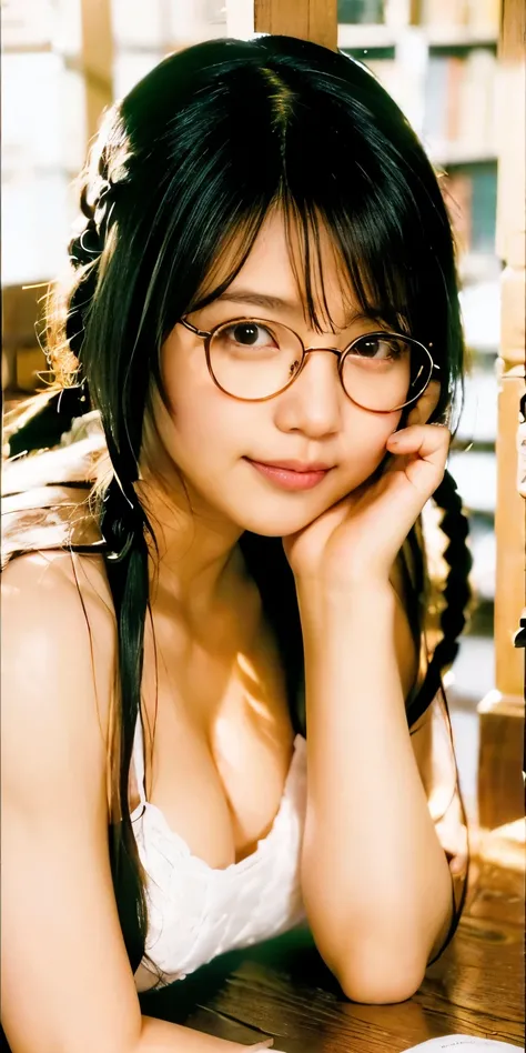 Best image quality、136), (Busty:1.46), (l boobs ipst boobs ,Round Glasses、Braided Pigtails、Funny woman with pigtails in round glasses、Round-faced beauty、Clear eyes、Long eyelashes、(Wear glasses,Round Glasses、Round Glasses、Braided Pigtails、w  idea,Atol Oppa ...