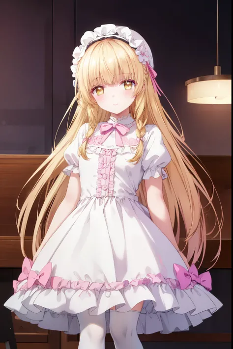 Mahiru shiina, , blonde, (Yellow Eyes:1.3)、Braided long hair,,blush,smile,Beautiful views, Attractive thighs、Beautiful bare legs, //Character
1girl,
BREAK
//Fashions 
Sweet Lolita,
Embrace the sweetness and innocence of the Lolita doll with a pastel-colore...