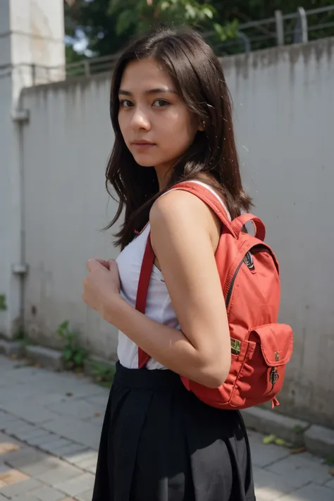 malaysian school girl, 14 years old, carrying backpack, waist up only, face not visible