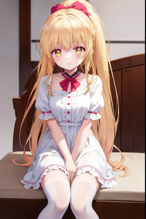 Mahiru shiina, , blonde, (Yellow Eyes:1.3)、Braided long hair,,blush,smile,Beautiful views, Attractive thighs、Beautiful bare legs, //Character
1girl,
BREAK
//Fashions 
Flirty and Fun,
This costume embraces the playful side of frilled nighty lingerie with bo...