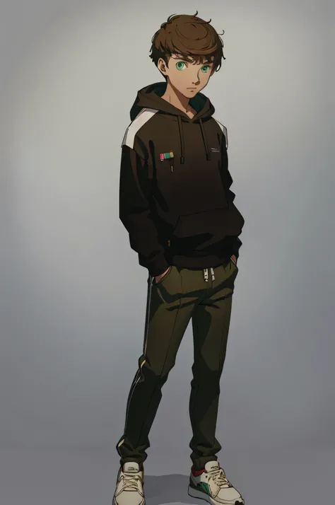 (masterpiece:1.2, best quality), 1boy, solo, full body, portrait, green eyes, wearing a black sweater with hood, khakis slacks, ...